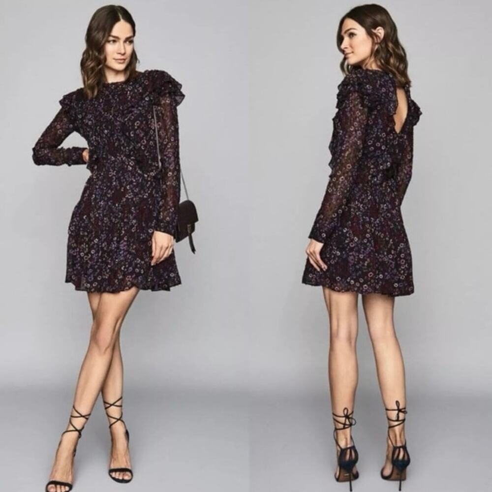 Reiss Carey India Ruffle Pintuck Floral Long Sleeves Mini Dress Sz 4